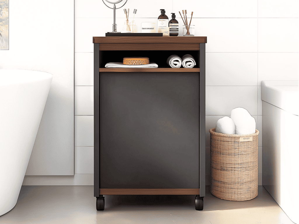 A slim, black rolling storage cart in a white bathroom.