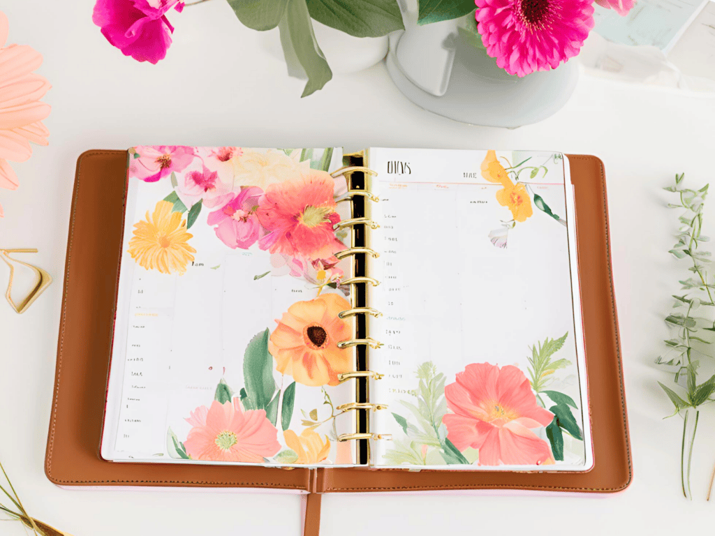 A floral planner laying open on a desk beside a vase of flowers.