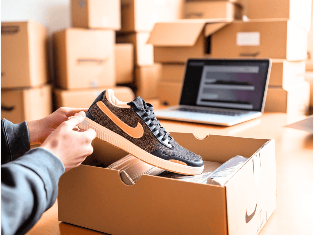 A pair of sneakers in a box with boxes and a laptop in the background.