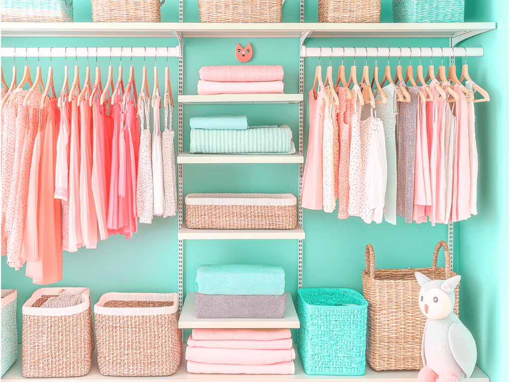 A child's closet organized with baskets and bins.