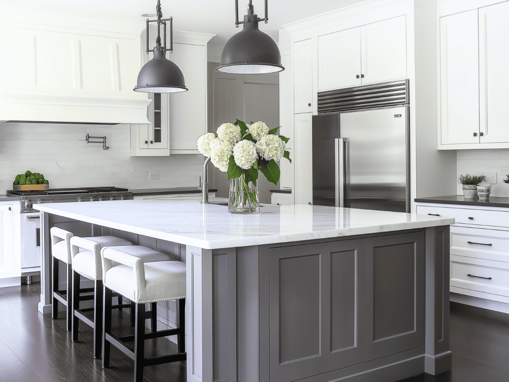 A large gray kitchen island with benches beside it and flowers on top.