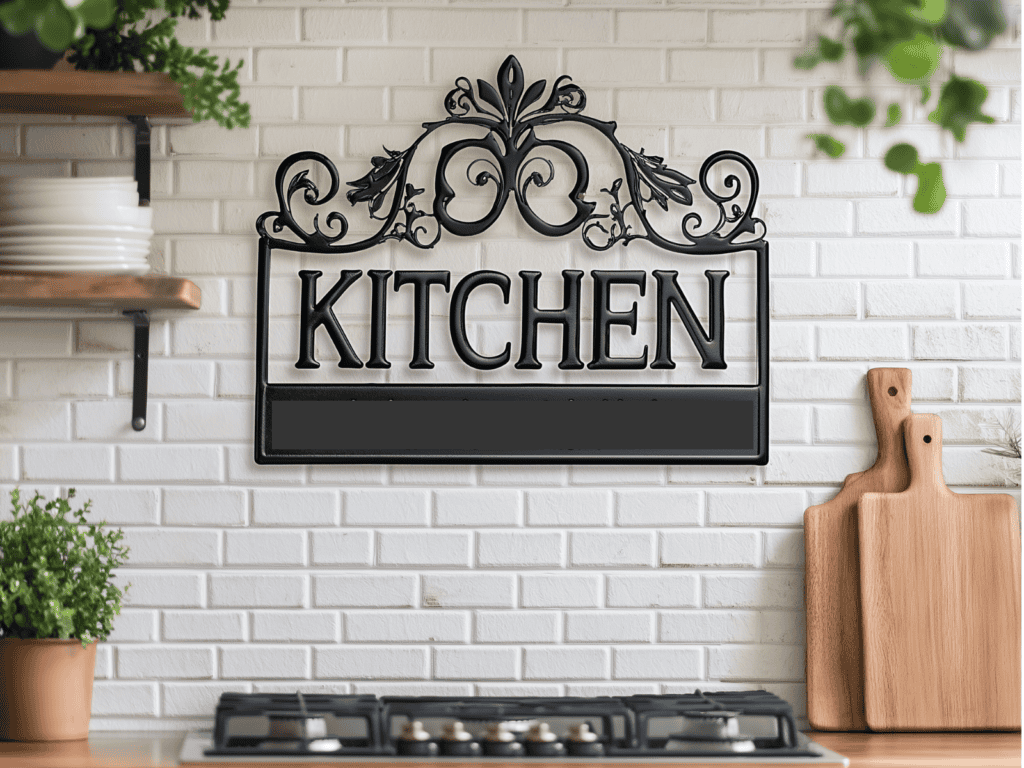 A black sign that says "Kitchen" hanging above a stove and plants and decorative items on shelves beside it.