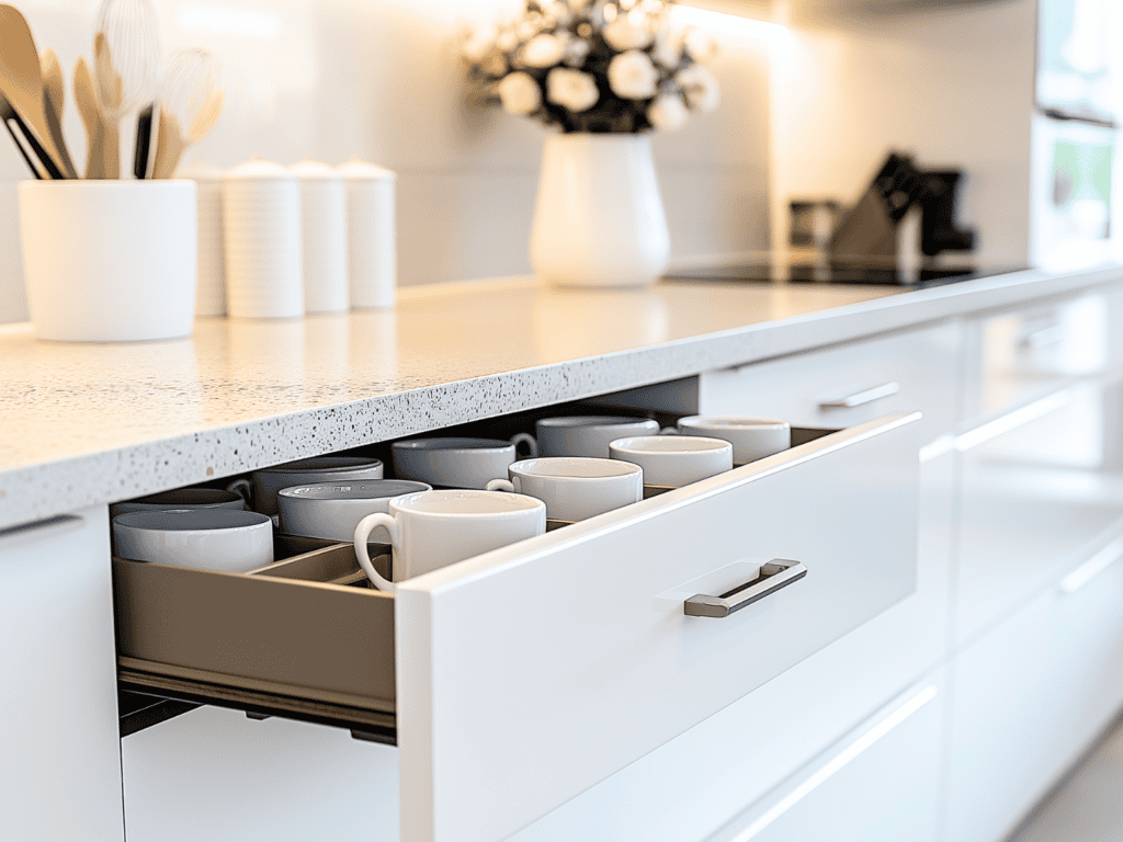 A kitchen drawer slightly open showing white coffee cups inside.