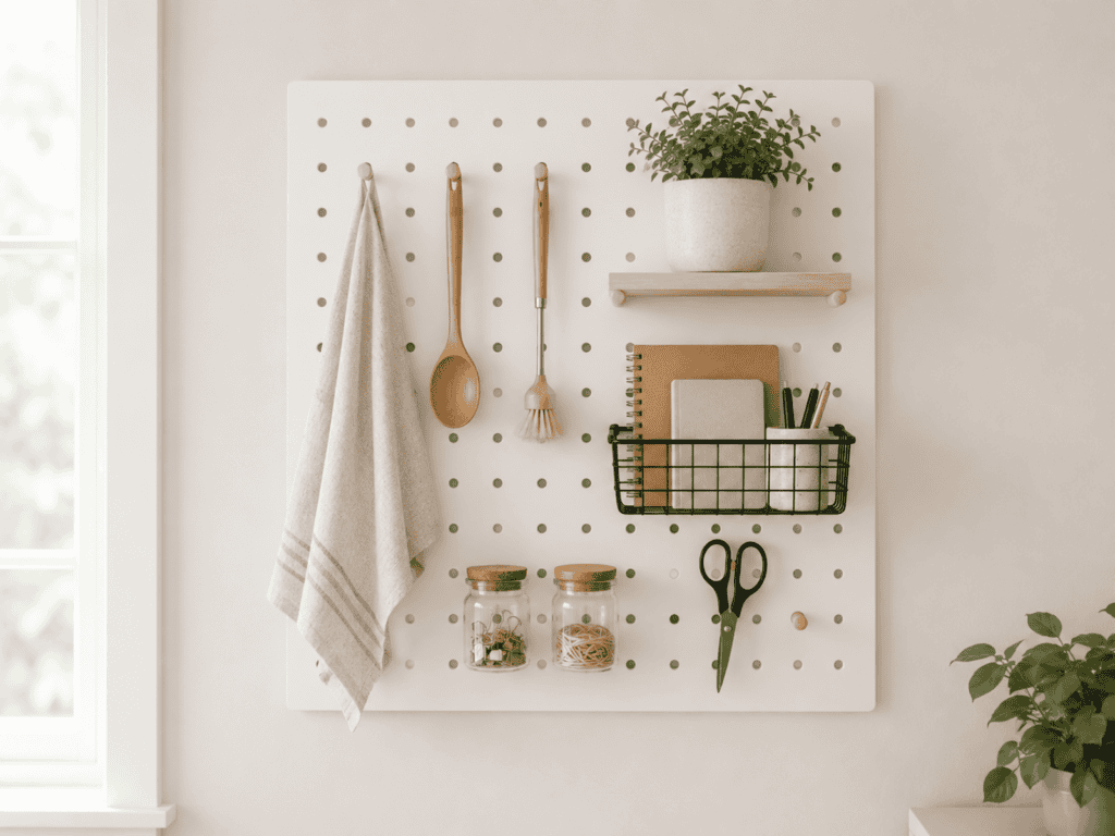 A square pegboard on a kitchen wall that holds a towel and utensils.