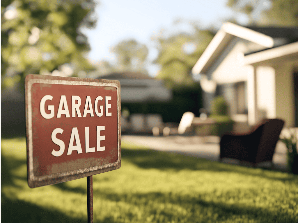 A garage sale sign in a yard in front of a house.