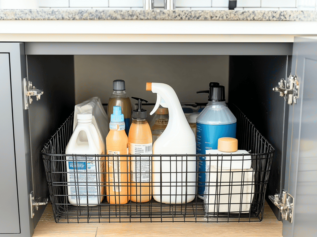 Cleaning supplies in a wire basket in a shelf under a sink.