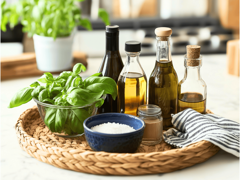 A shallow kitchen basket containing condiments and a plant.