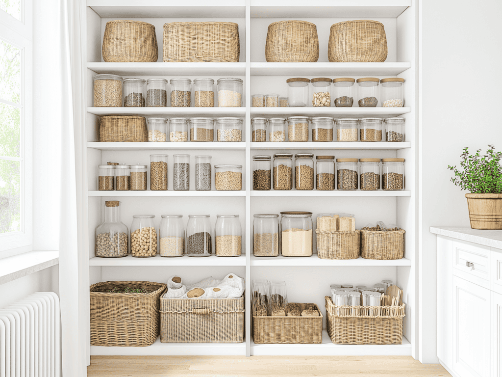 A set of shelves neatly organized with baskets and glass jars.