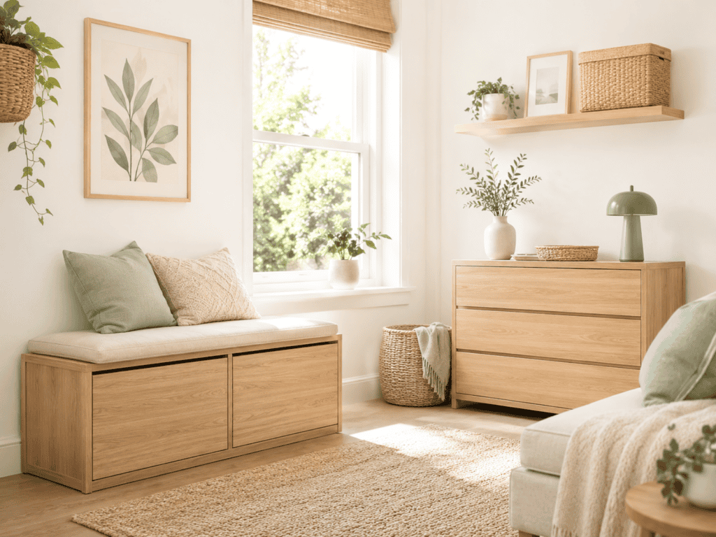 A chest of drawers, a storage bench and a shelf beside a window in a bedroom.