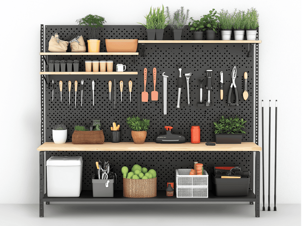 A black portable shelf with a pegboard that houses tools and gardening equipment.