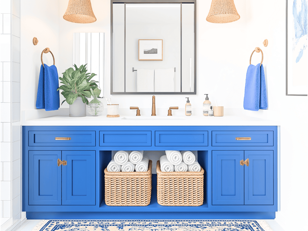 A blue bathroom vanity with two large baskets on the shelf.