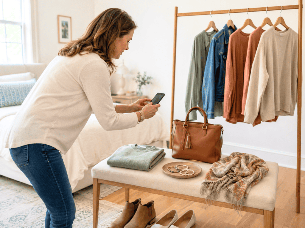 Woman photographing a handbag with clothes, shoes, jewelry, and accessories arranged for resale.