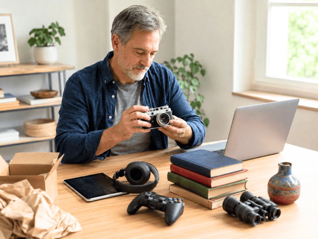 Man inspecting a camera beside electronics, books, binoculars, and collectibles prepared for online resale.