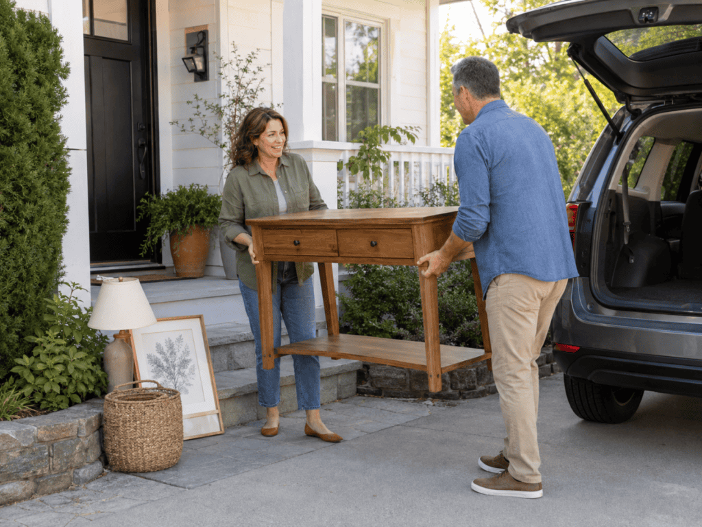 Two people loading a used wood console table into an SUV during a local furniture sale.