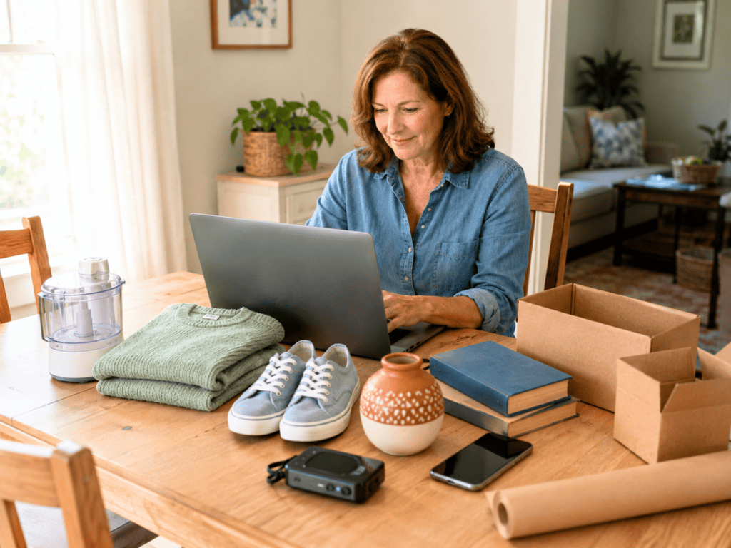 Woman listing clothing, shoes, books, electronics, and household items for sale online.
