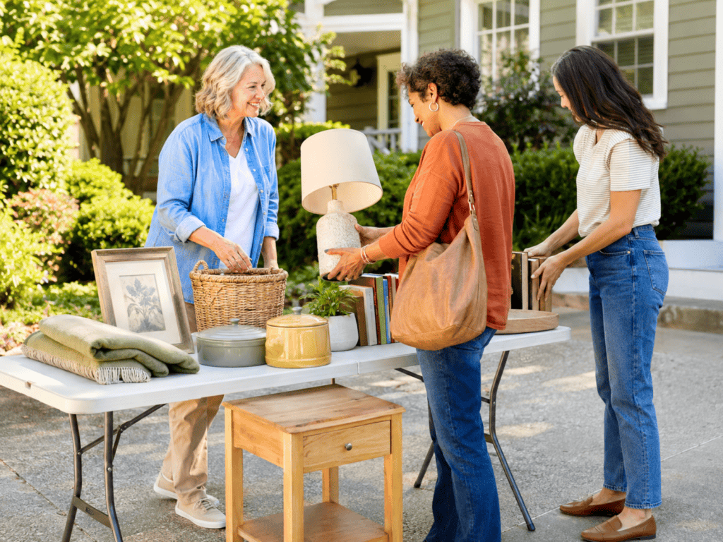 Shoppers browsing books, decor, kitchenware, and household items at an organized driveway sale.
