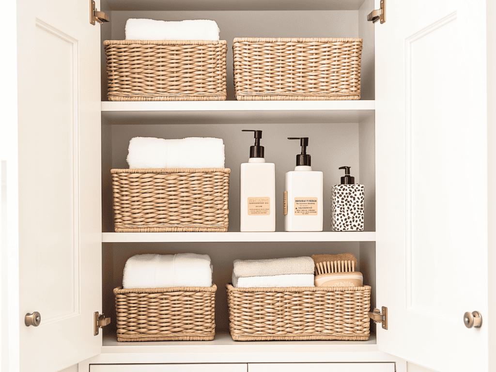 Three shelves with wicker baskets on each shelf.