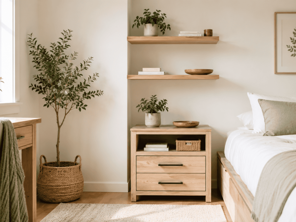 Bright bedroom with a donation basket, simplified shelves, and a bed.