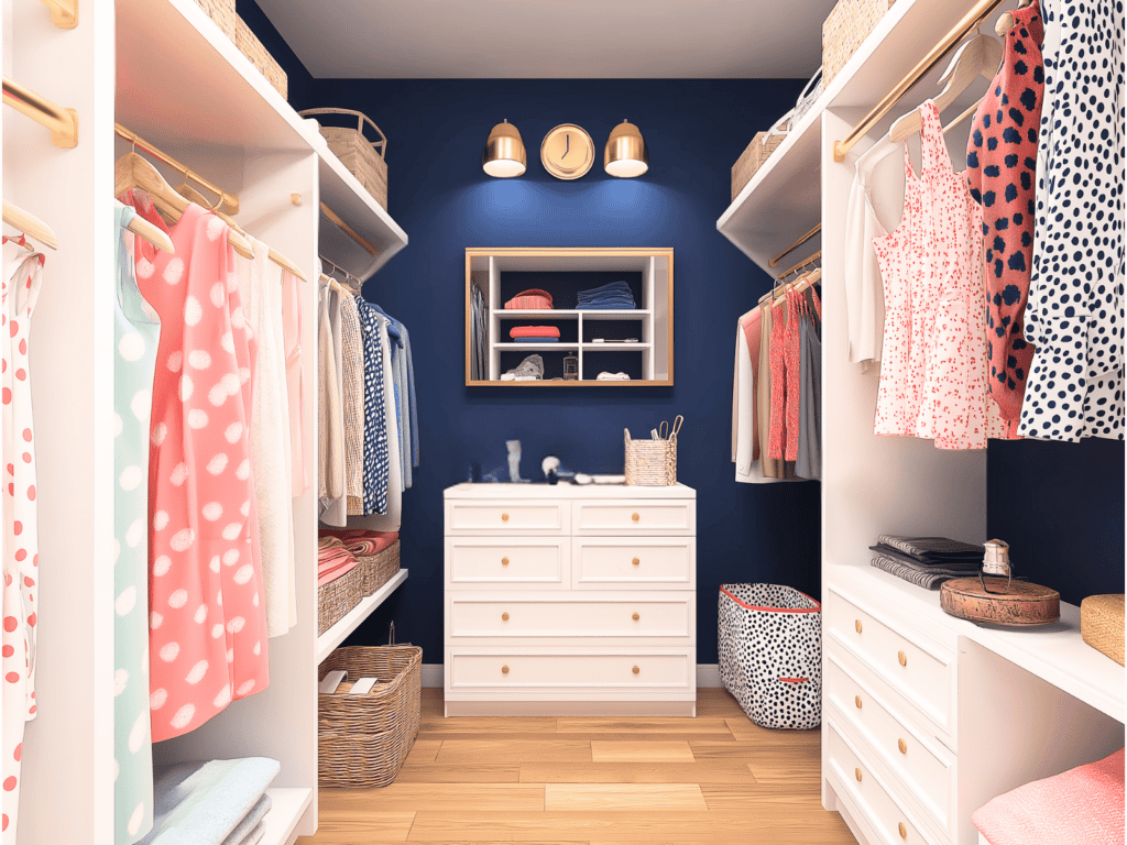 A long narrow closet with clothes hung on the sides and a dresser and shelves at the end.