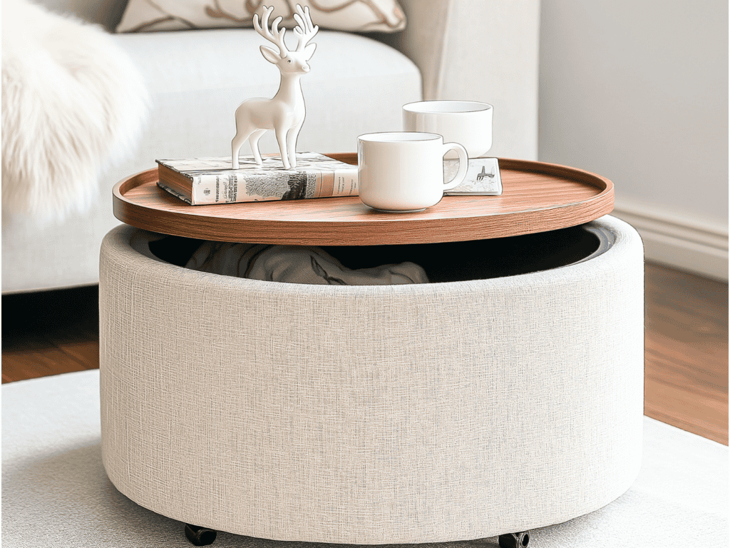 A white ottoman with the lid slightly ajar so you can see items stored inside.