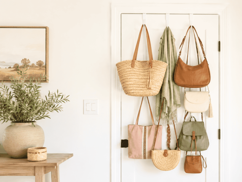 A door with storage hooks holding multiple purses.