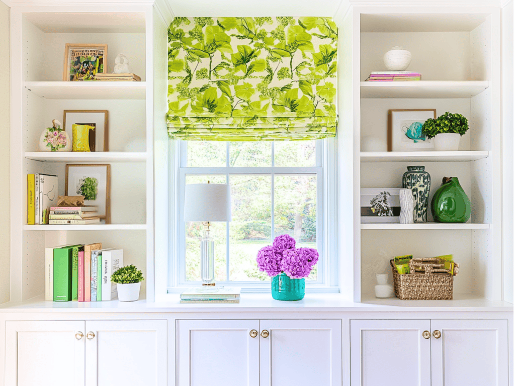 White shelves with picture frames, baskets, books and other decorative items.