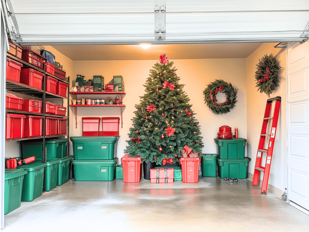 A Christmas tree and red and green totes stored in a garage.