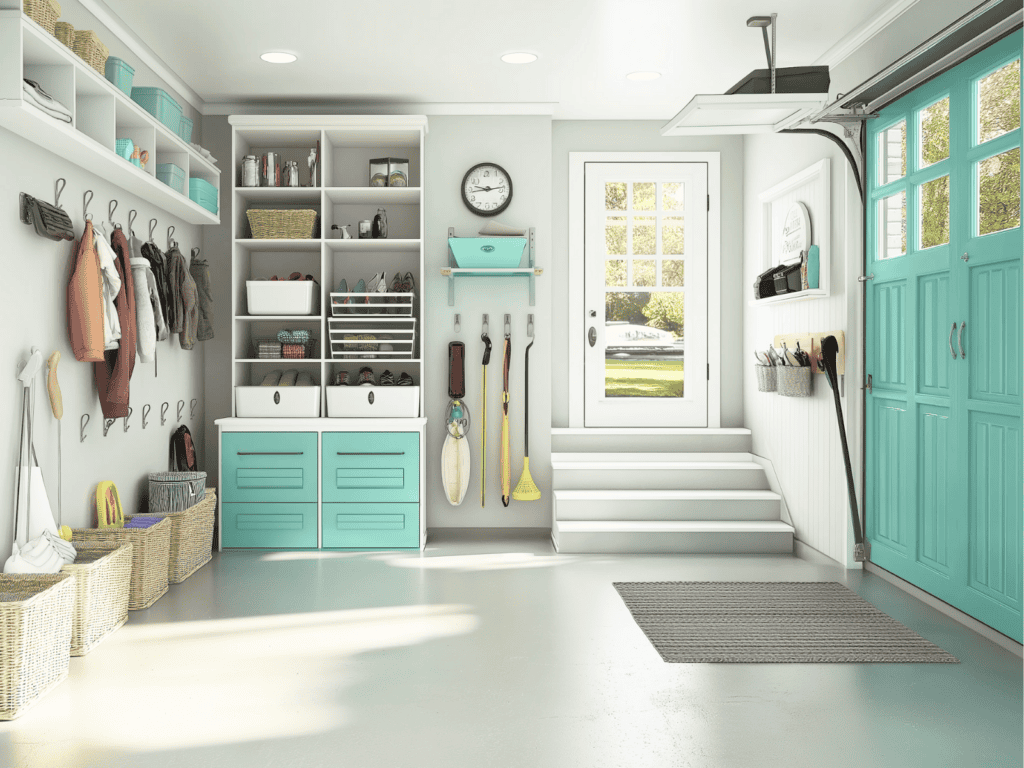 A white garage with teal colored shelves and a white floor.