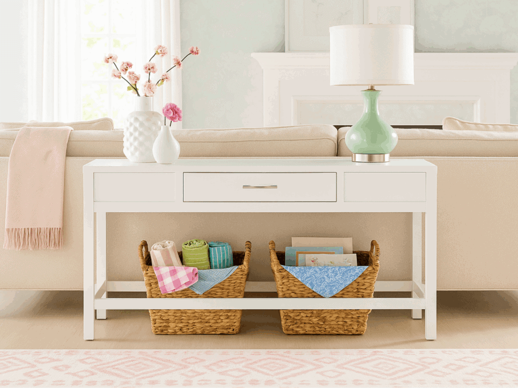 A bright and airy living room featuring a white console table with two woven baskets underneath, holding rolled towels and magazines.