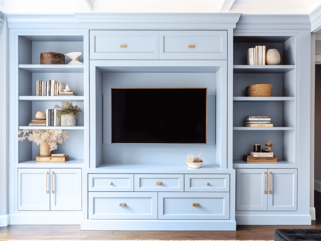 A blue bookcase flanking a matching tv stand.