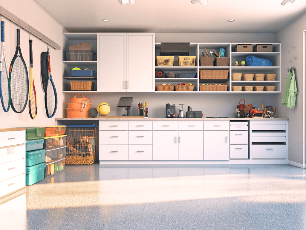 A white garage with shelves and cabinets and sports gear hanging on hooks on the wall.