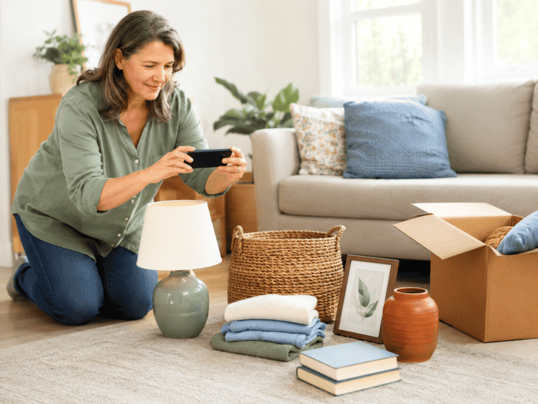 A woman sitting on the floor and using her phone to photograph unwanted household items.