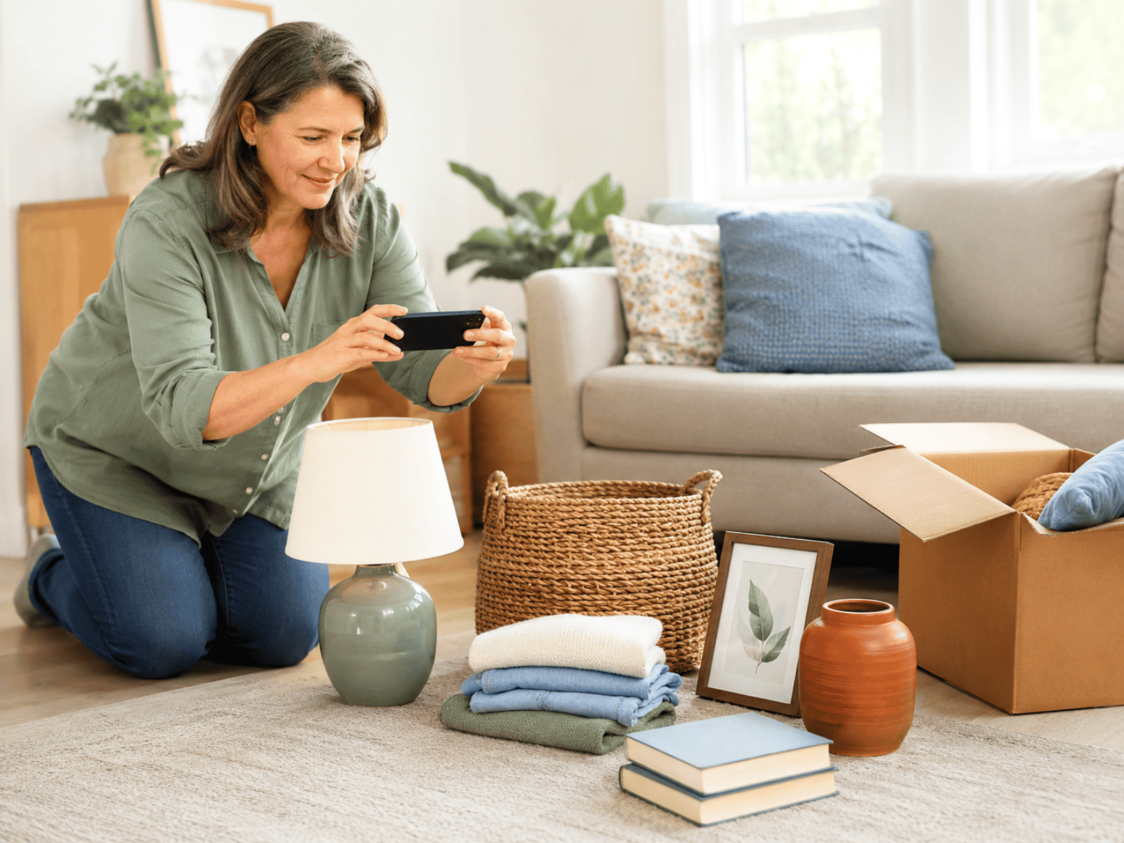 A woman sitting on the floor and using her phone to photograph unwanted household items.