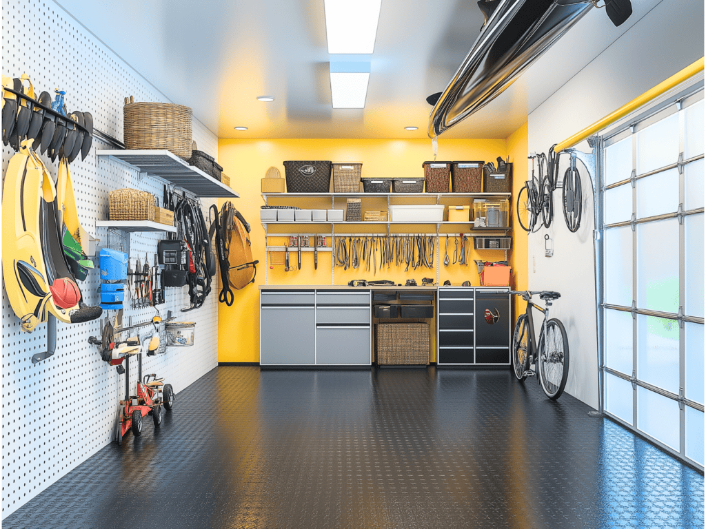 A garage with yellow and white walls and a black floor. Shelves and drawers line the walls.