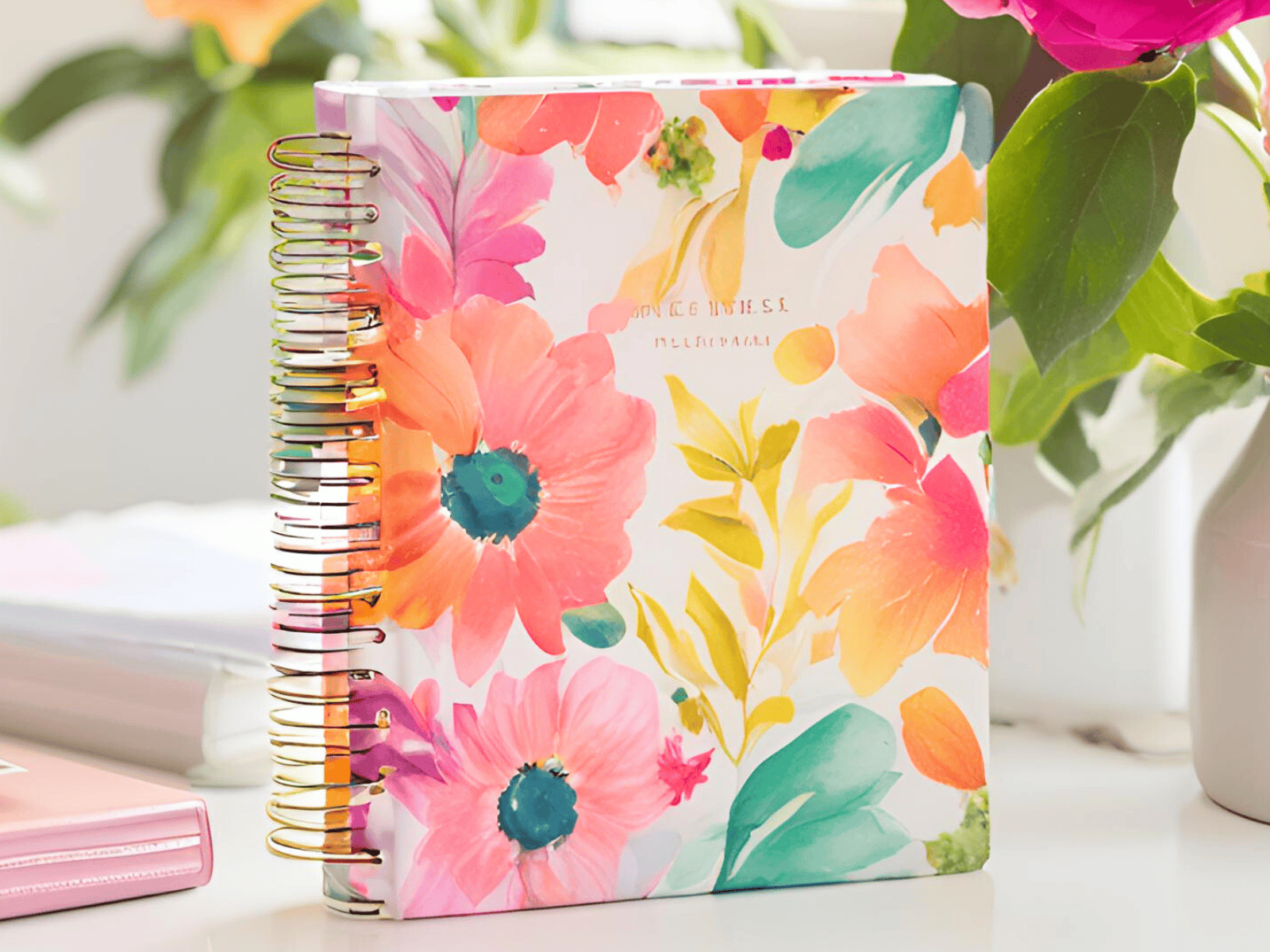 A floral colored hard back planner with a gold spiral sitting on a white table.