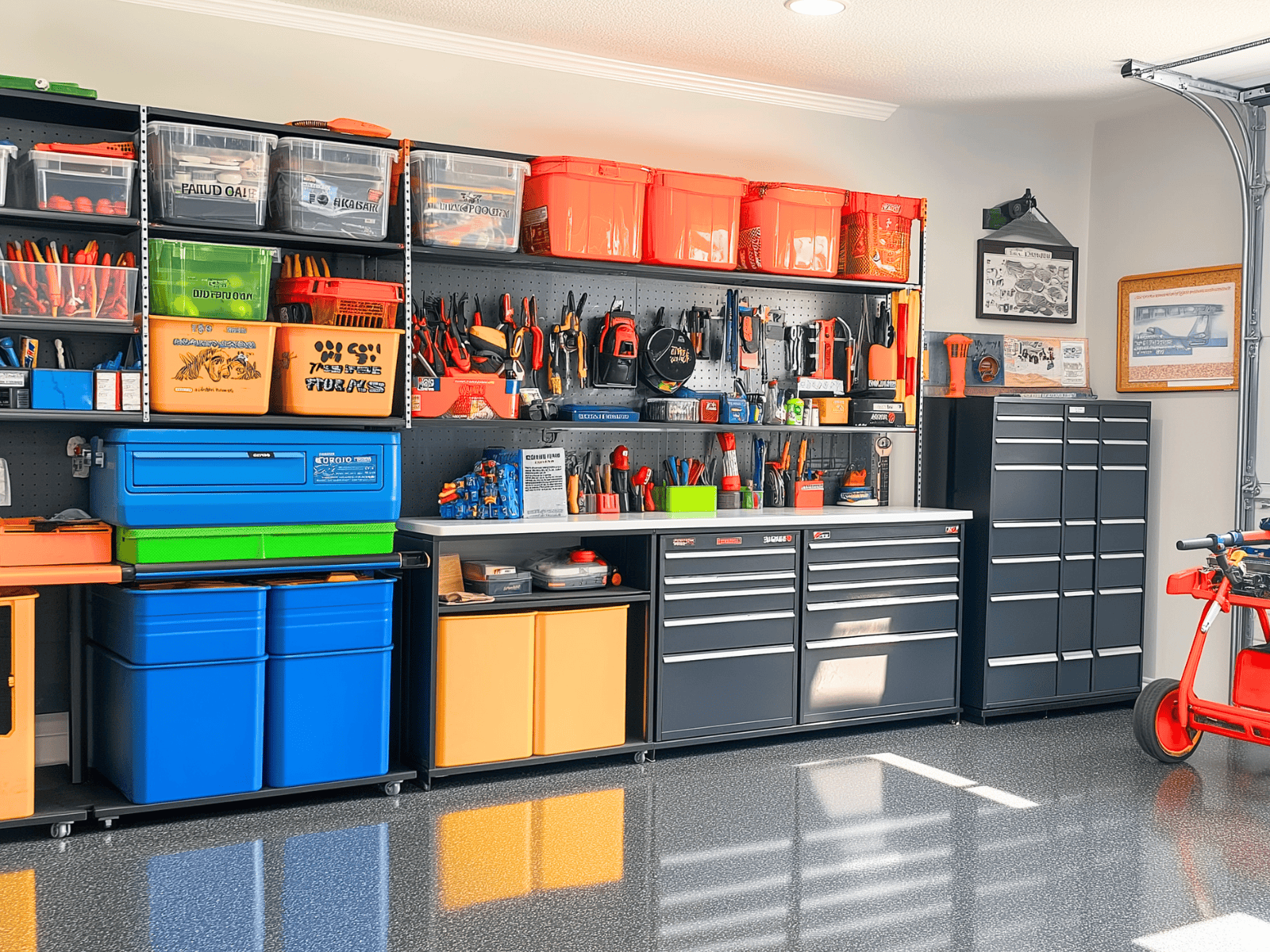 A garage organized with tool boxes, shelves, and plastic totes.