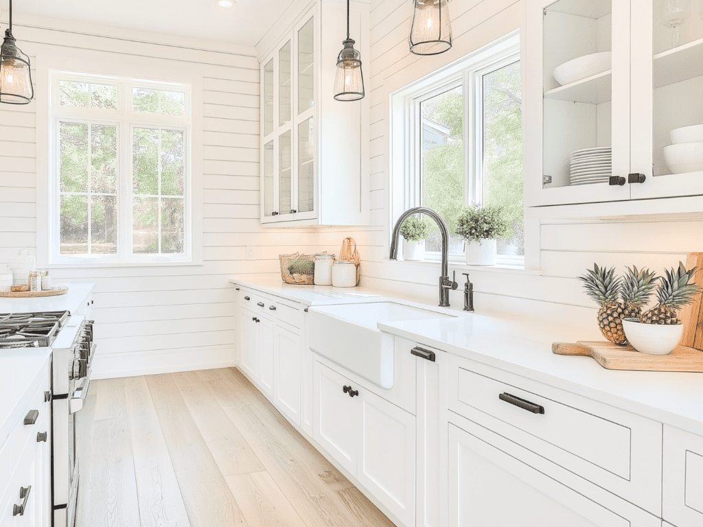 A white kitchen with a few decorative items on the countertop.