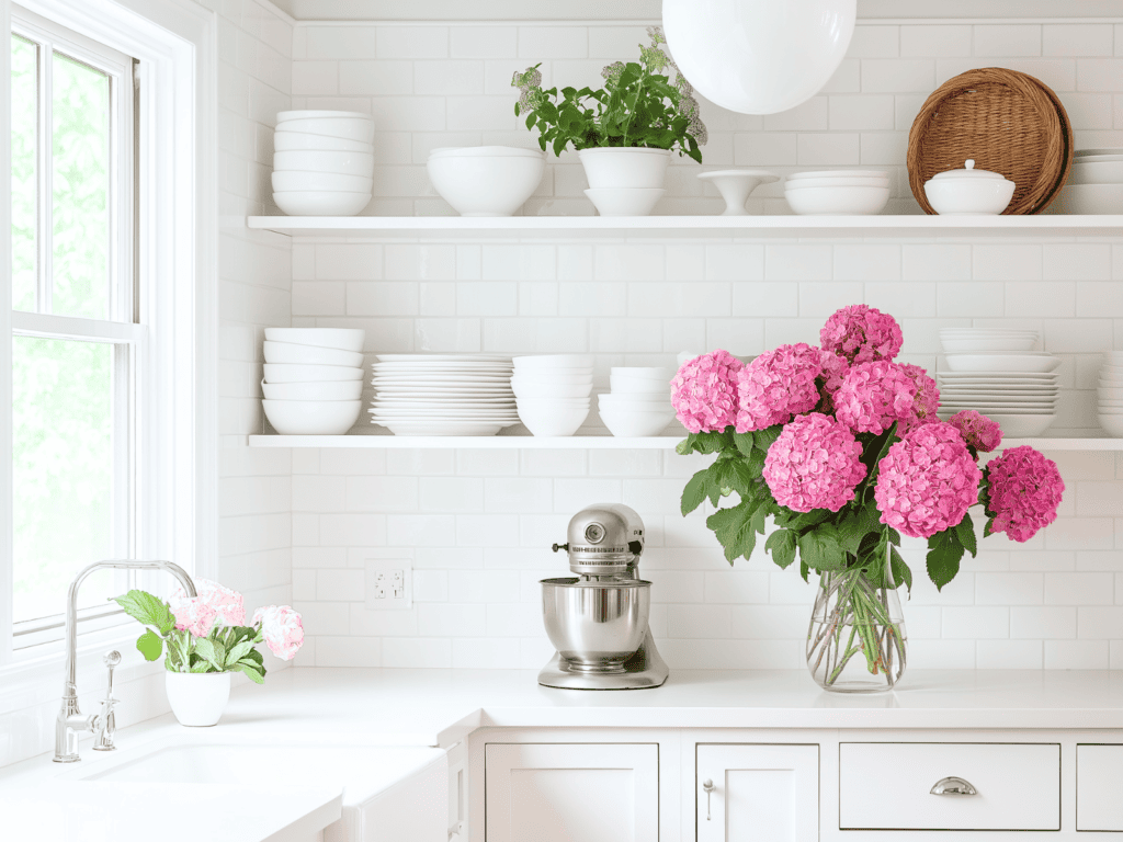 A stand mixer and some flowers sitting on a kitchen counter. Shelves above the counter hold white dishes.