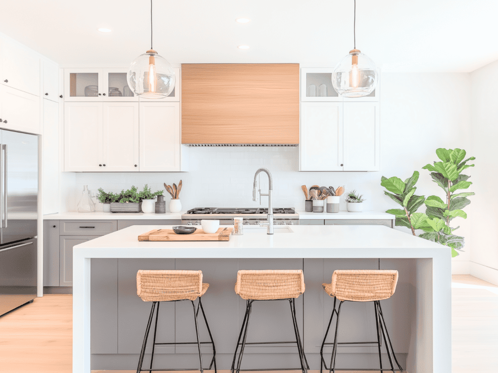 A white kitchen with an island and three chairs.