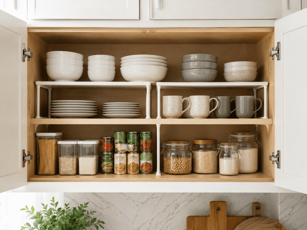 A kitchen cabinet with two shelf risers and dishes and spices.