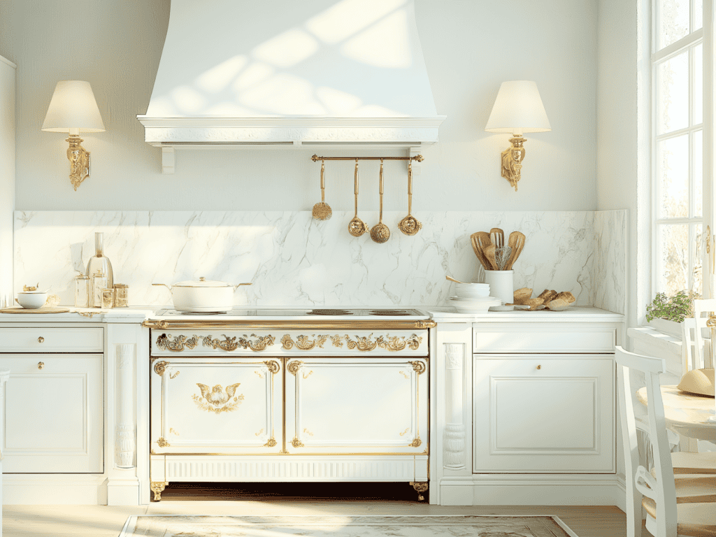 A white kitchen stove trimmed in gold with gold utensils hanging above it.