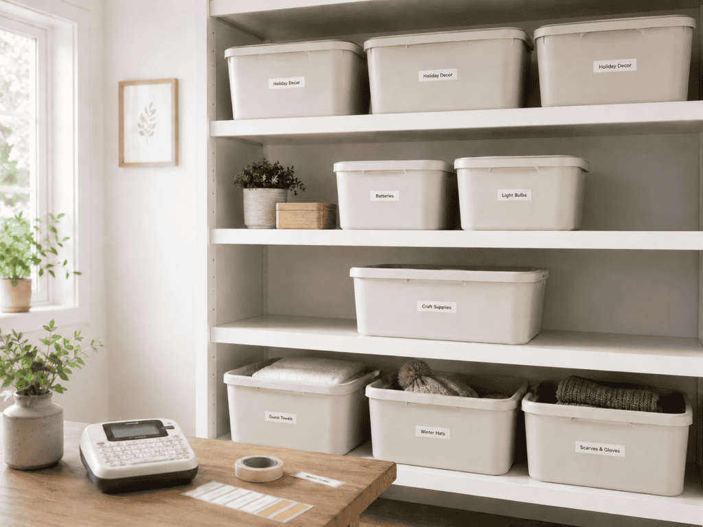 Labeled bins on shelves behind a desk.