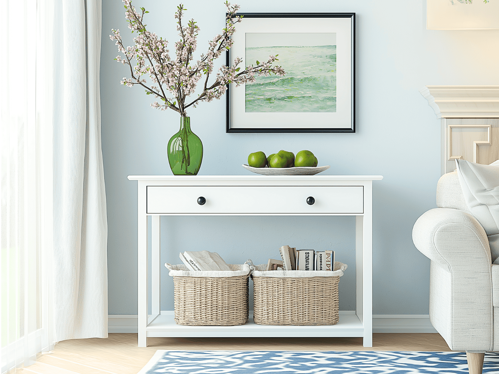 A white table with two baskets on the bottom shelf and a plant on the top shelf.