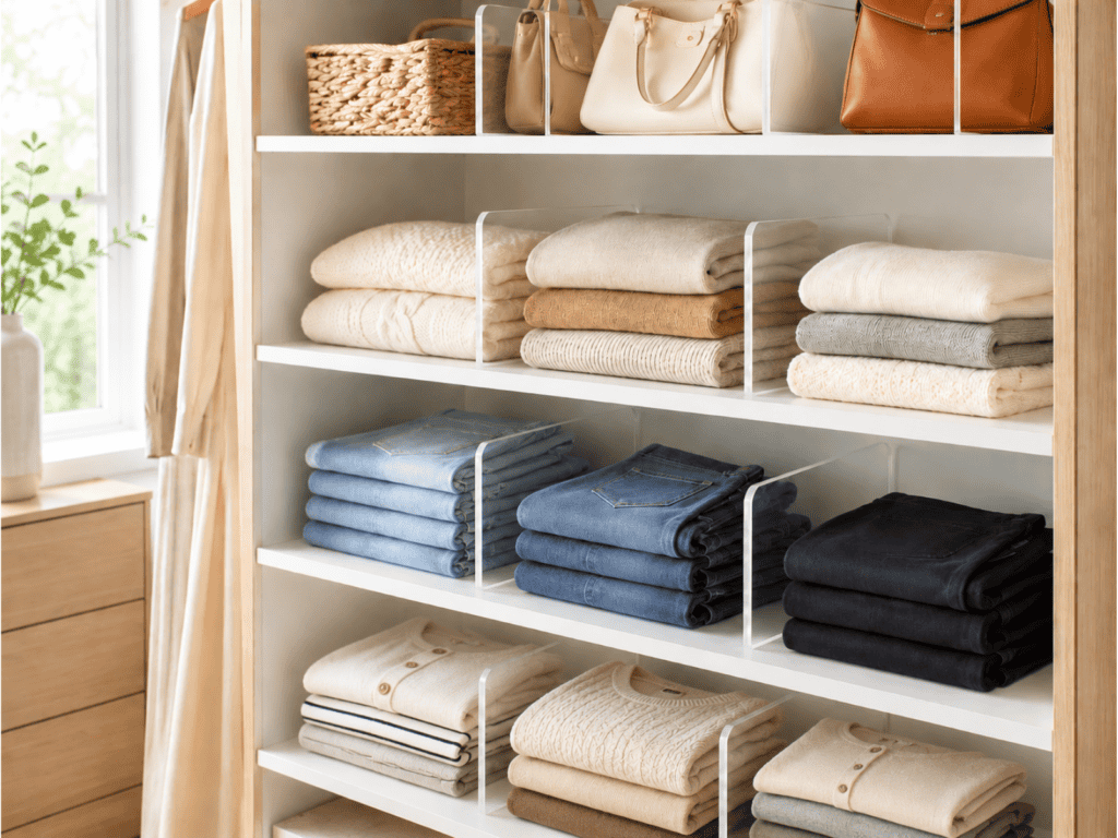 Four shelves with clothes and purses divided with clear shelf dividers.