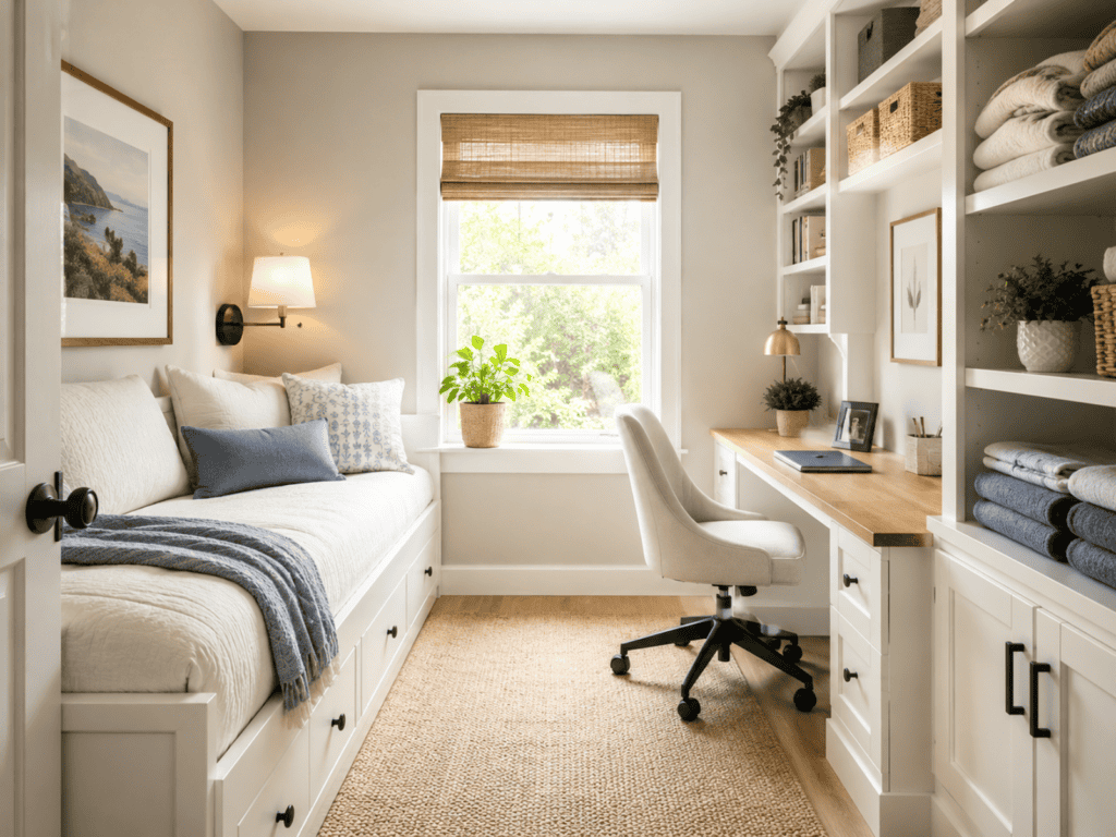 A small organized home office with shelves and a daybed.