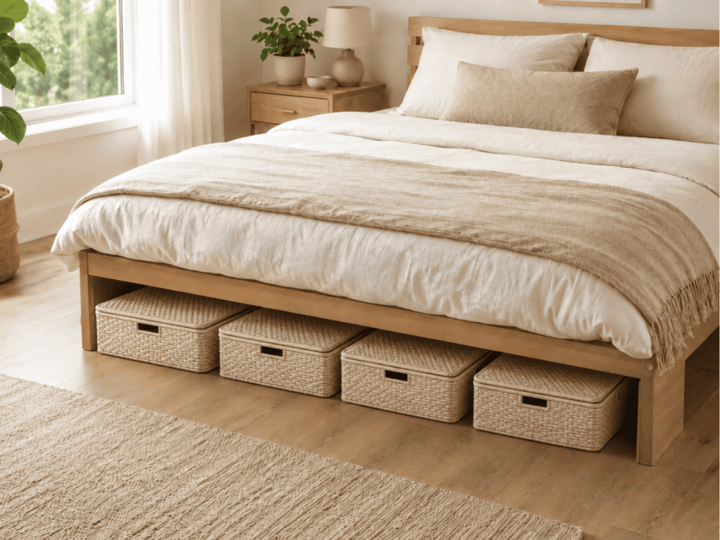 A bedroom with a queen size bed and four wicker storage boxes underneath.