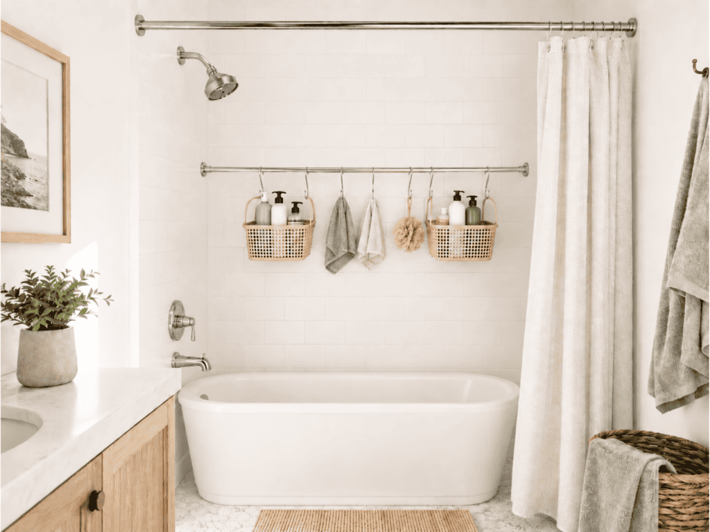 A tension rod hanging in a shower. The rod has hooks that hold baskets and bathing supplies.