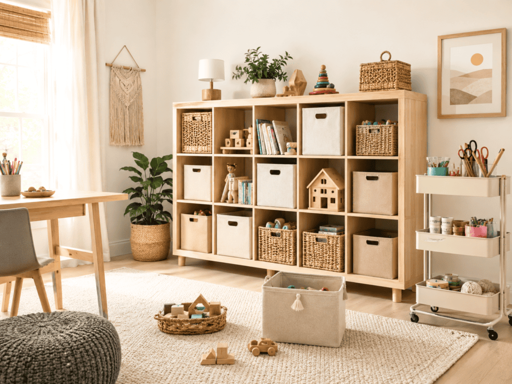 A wooden shelf with baskets of toys.