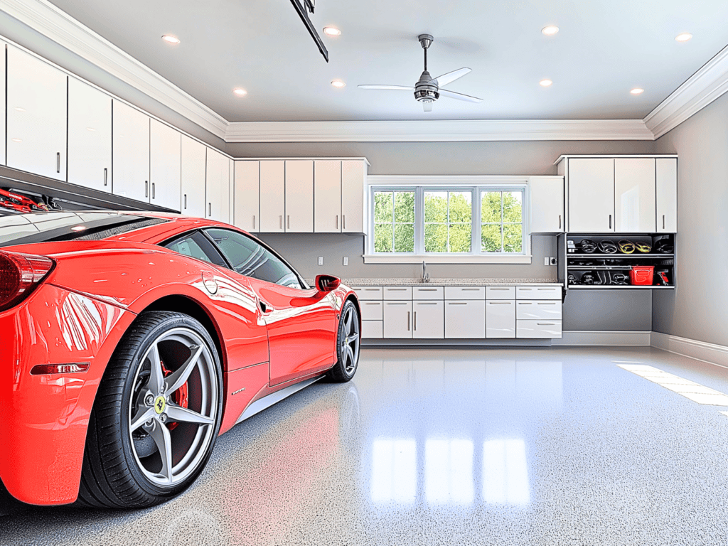 A white garage with wall and floor cabinets and a red sports car sitting beside them.