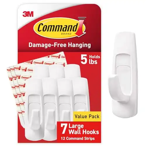 Command Large Utility Hooks, Holds up to 5 lb, 7 Hooks and 12 Command Strips, Damage Free Hanging Wall Hooks with Adhesive Strips, No Tools Adhesive Hooks for Hanging Christmas Decorations